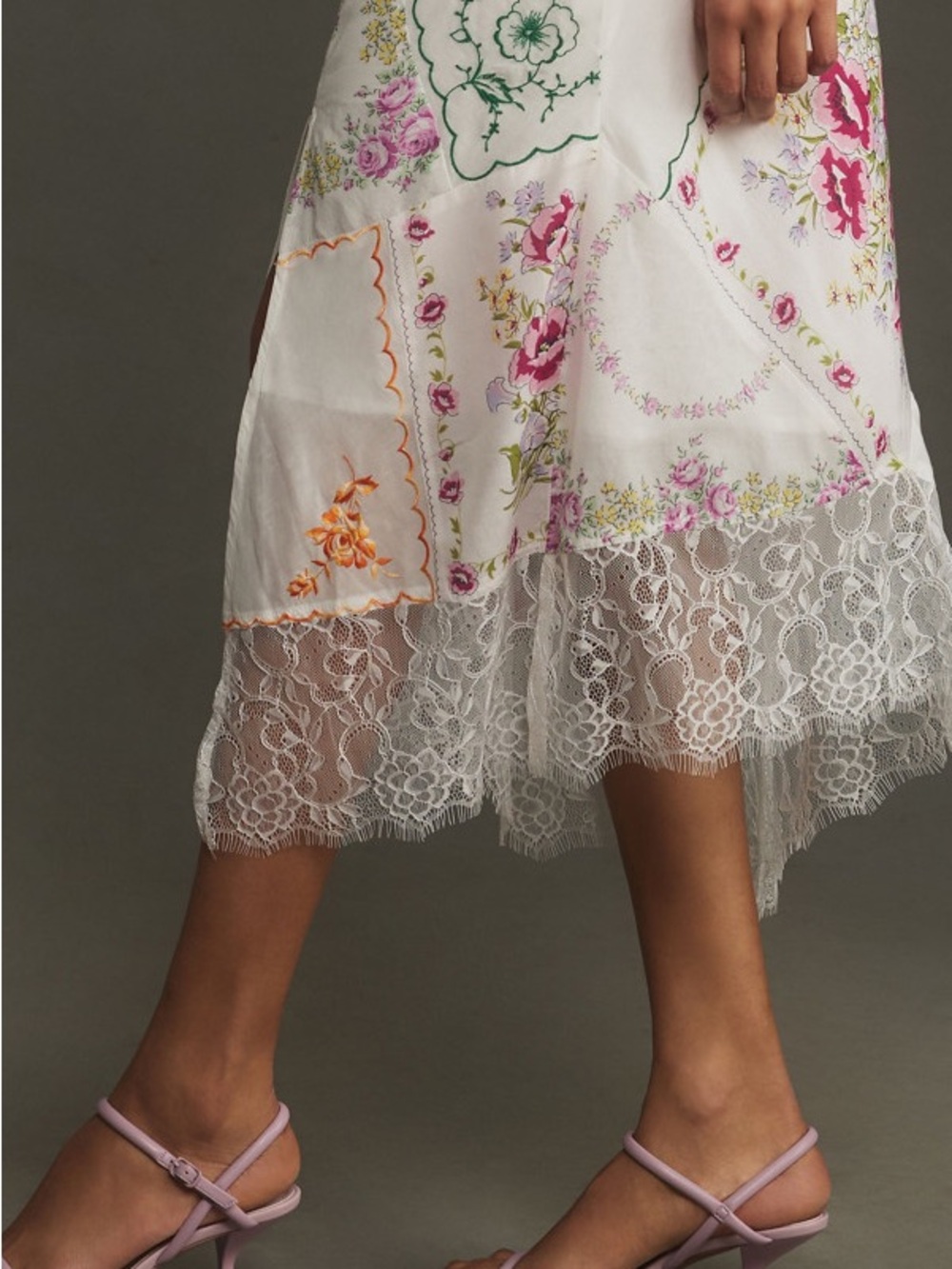 Anthropologie White Midi Skirt with Pink Floral Print and Lace Trim - Picture 4 of 4